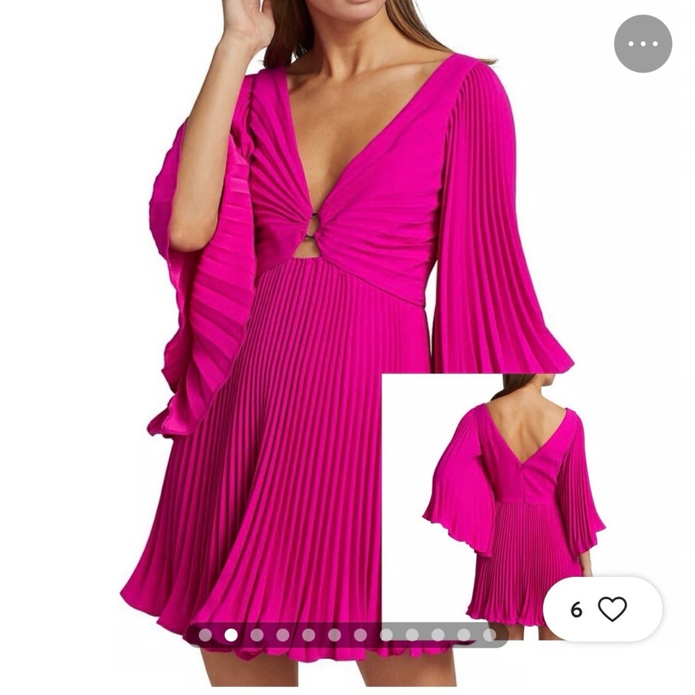 Monique Lhuillier Fuchsia Pleated Bell-Sleeve Mini Dress
